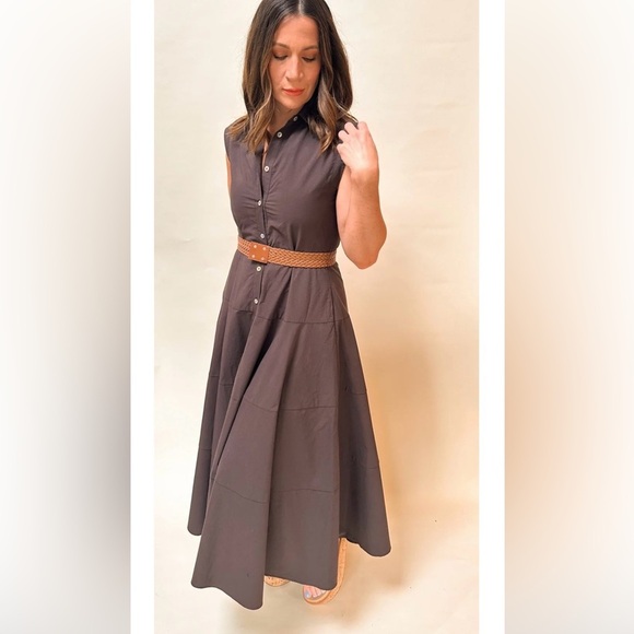 NWOT- Taylor cocoa poplin sleeveless belted midi dress - Picture 1 of 11